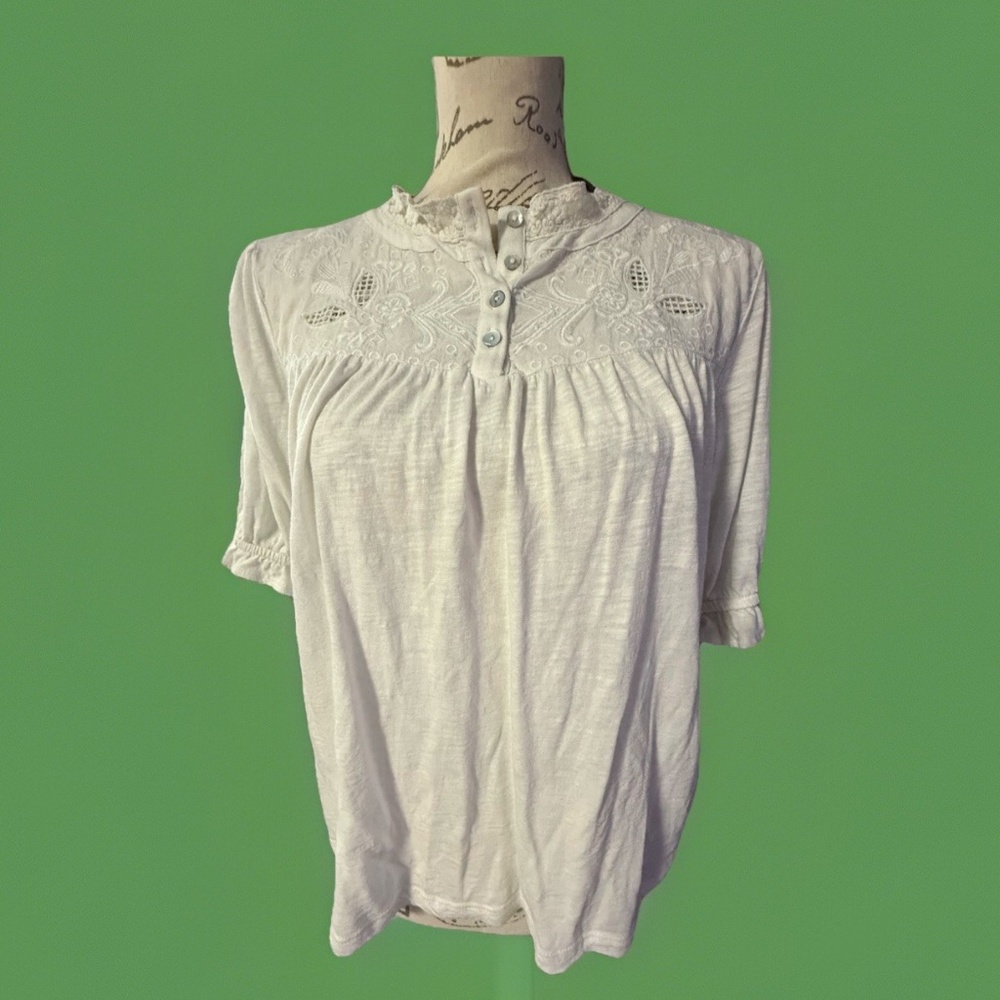 Lucky Brand Embroidered Lace White Heather Blouse Sz med